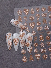 2 件新年和圣诞节 3D 指甲贴纸可爱姜饼人雪花圣诞树拐杖糖心形蝴蝶结形状指甲贴花美甲自粘滑块美甲用品 - 彩色 - 查看 4