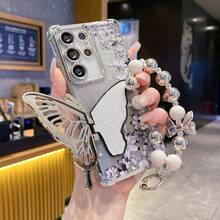 (手链) (蝴蝶支架) 蝴蝶支架适用于三星S24 Ultra手机壳，Fe四角防摔GalaxyS23 Plus花形表带S22亮片保护壳，新款设计适用于女款S25/S25U手机壳