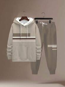 Plus Size Men's Casual Sports Suit, Khaki Striped Patchwork Hoodie And Drawstring Pants 2 Pieces Set, Loose Fit Outfit - Khaki - View 3