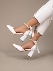 Giày cưới thời trang xuân/thu dành cho nữ, giày cao gót đế dày bằng da mềm đính nơ ngọc trai màu trắng, giày dự tiệc sang trọng - trắng - Xem 4