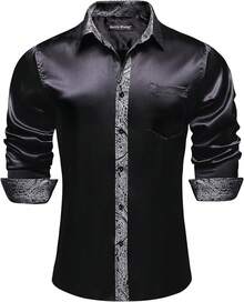 Mens Satin Silk Shirts Long Sleeve Designer Dress Shirt Shiny Untucked Casual Button Down Shirt Party Disco Formalhalloween - B 黑色 灰色 緞面 - 查看 2