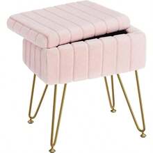 Homodoskey Vanity Stool Chair With Storage Faux Fur Makeup Chair For Vanity 15.7"L X 11.8"W X 19.4"H Soft Ottoman 4 Metal Legs With AntiSlip Feet Modern Multifunctional Chairs For Bedroom Pink