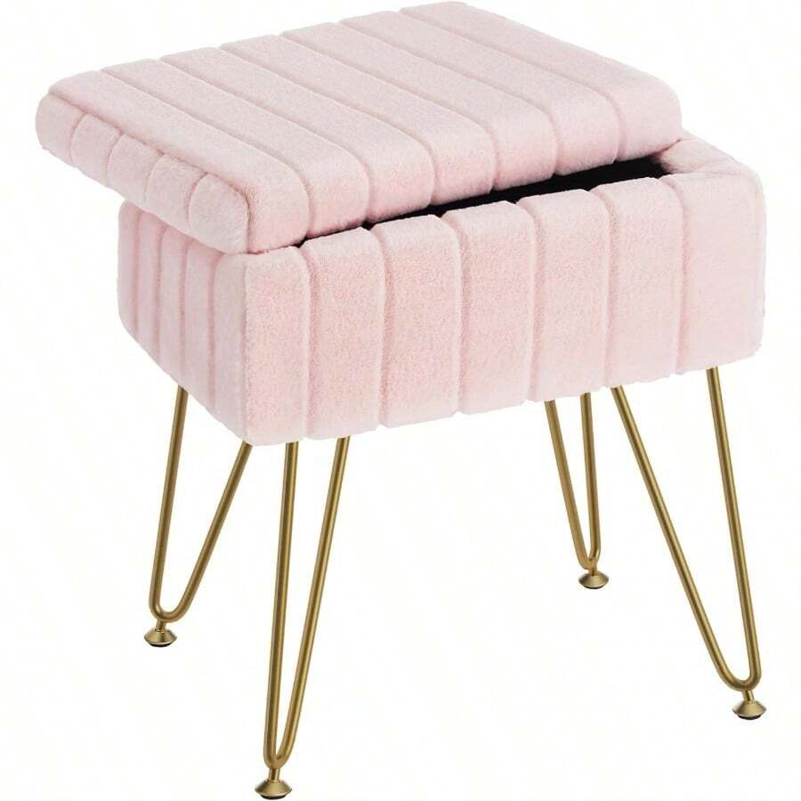 Homodoskey Vanity Stool Chair With Storage Faux Fur Makeup Chair For Vanity 15.7"L X 11.8"W X 19.4"H Soft Ottoman 4 Metal Legs With AntiSlip Feet Modern Multifunctional Chairs For Bedroom Pink