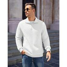 Mens Quarter Zip Pullover Quilted Sweatshirt Knit Long Sleeve Mock Neck Sweater Polo With Pocket - White - View 9