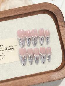 10 Pcs Luxury Handmade Press On Nails Super Long Almond False Nails Full Drilling Design False Nails With 3 Pieces Tool Adhesive Nail Glue Tabs Suitable For Ladies And Girls To Attend Holiday Parties.When This Product Is Waving Your Fingertips, There May Be Flashes Falling. Please Be Careful.Wish You Happy Every Day.Makes Me More Motivated.Five-Star. Nail Supplies Nails