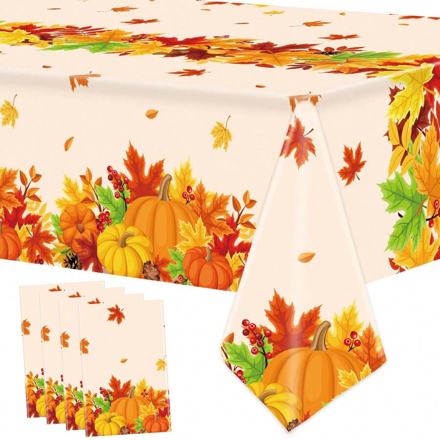 2pcs/4pcs Thanksgiving Pumpkin & Maple Leaf Plastic Disposable Tablecloth, Autumn Leaf Rectangle Dining Table Cover For Harvest Thanksgiving Holiday Party, Kitchen Use 54" X 108"