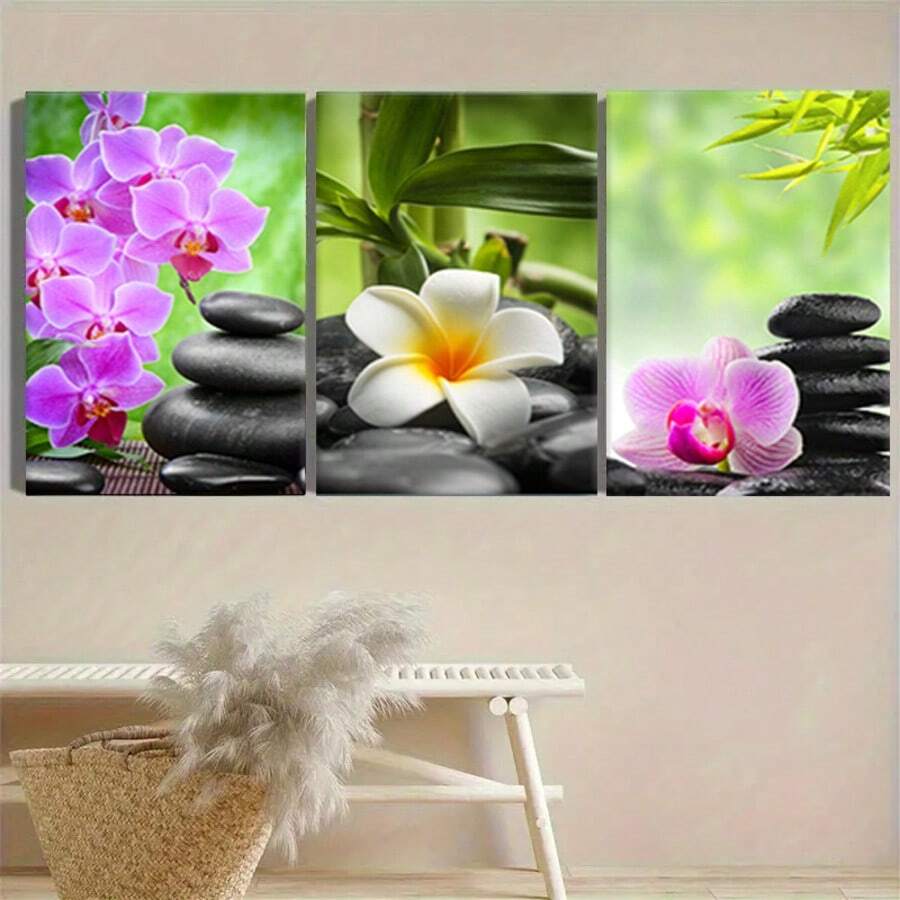 3 buc poster pe pânză fără ramă, pictură Zen cu orhidee și piatră, artă murală pe pânză, pictură murală artistică pentru cadou, dormitor, birou, sufragerie, cafenea, bar, decor de perete, decorare pentru casă și dormitor