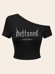 DEAR MOLLY Y2K 字母图案印花复古短袖 T 恤，不对称肩部嘻哈哥特原宿短款上衣，字母印花露肩 T 恤，适合夏季外出和摇滚乐队穿着 - 黑色 - 查看 3