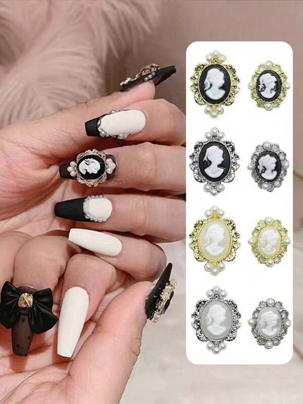 10 قطعة من الإكسسوارات الصغيرة البيضاوية ثلاثية الأبعاد للفتيات، ديكورات أظافر مخصصة تتميز بتصاميم معقدة من الذهب والفضة واللؤلؤ الأبيض وتصاميم الرؤوس الجميلة، كل قطعة مصنوعة بعناية فائقة لإضافة لمسة من الأناقة والجاذبية لأي إبداع في فن الأظافر. تم تصميم هذه الأحجار الكريمة للاستخدام المهني في صالونات الأظافر والمشاريع الشخصية DIY في المنزل