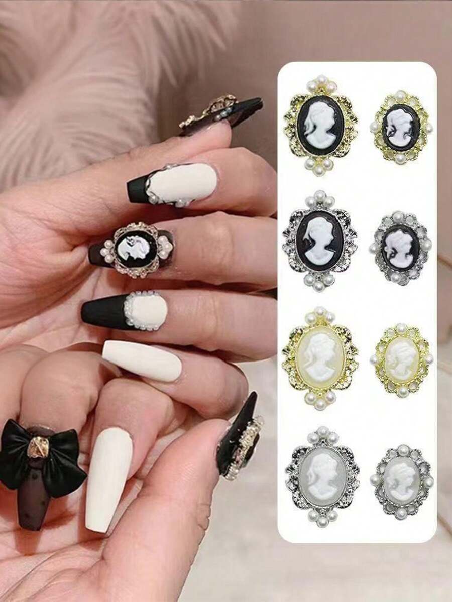 10 قطعة من الإكسسوارات الصغيرة البيضاوية ثلاثية الأبعاد للفتيات، ديكورات أظافر مخصصة تتميز بتصاميم معقدة من الذهب والفضة واللؤلؤ الأبيض وتصاميم الرؤوس الجميلة، كل قطعة مصنوعة بعناية فائقة لإضافة لمسة من الأناقة والجاذبية لأي إبداع في فن الأظافر. تم تصميم هذه الأحجار الكريمة للاستخدام المهني في صالونات الأظافر والمشاريع الشخصية DIY في المنزل