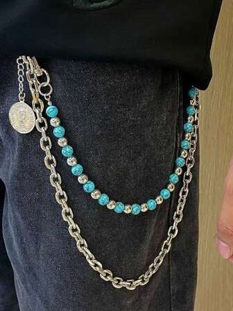 1pc Men's Silver Chain & Turquoise Beaded Handmade Jeans, Vintage Streetwear Chain Pants, Fashionable Casual Hip Hop Style