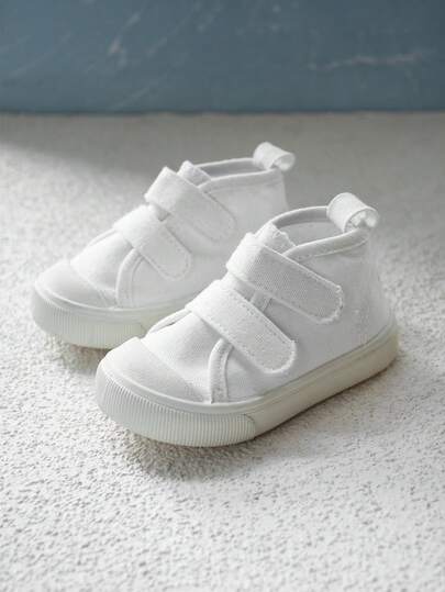 1 Pair Infant Girls' White Simple Canvas Hook And Loop Slip-On Lightweight Comfortable Casual Sneakers, Suitable For Spring/Autumn
