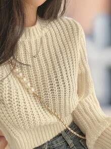 Suéter corto de unicolor con mangas farol, para mujer, para otoño/invierno, tops de manga larga - Albaricoque - Ver 4