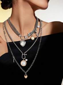 3pcs Set Wrist Watch Pendant Necklace, Double Layer Metal Chain Necklace With Contrast Color Pendant Charm, Suitable For Casual Wear And Gift, Multifunctional Accessory For All Seasons - Multicolor - View 1