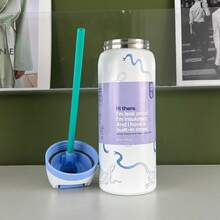32oz Straw Insulated Water Bottle Double-Layer Stainless Steel Vacuum Thermal Mug For Sport And Travel - Nơ xanh - 32oz - Xem 4