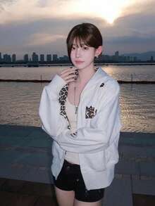 New Women Loose Casual Chic Patchwork Leopard Print Hooded Sweatshirt Pullover Jacket, Lightweight Spring - Light Grey - View 5