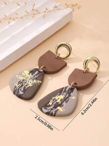 1 Pair Handmade Geometric Bicolor Gold Foil Pendant Earrings, Fashionable & Versatile For Women, Suitable For Vacation And Daily Wear - Coffee Brown - View 3