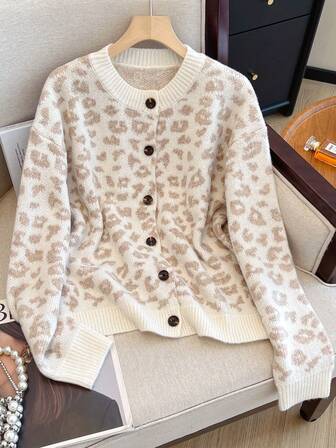 Women's Leopard Print Cardigan Sweater, Button Front Casual Knit Top, Autumn/Winter