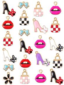 Set da 10/20 pezzi di charm smaltati per bracciali, realizzazione di gioielli da donna, orecchini, rossetti, ciondoli a forma di tacco alto, designer, portafoglio, fiocco, articoli placcati oro per fai-da-te, decorazione di collane e telefoni