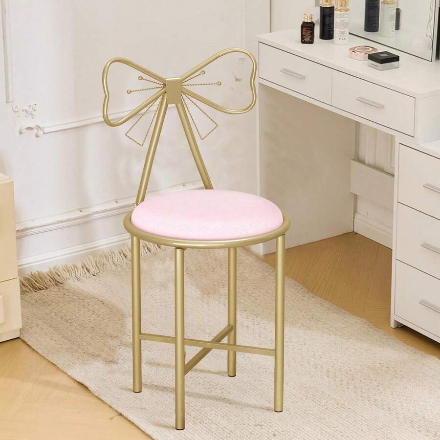 UNHO Fashion Vanity Stool 1PC Metal Frame Bowknot Backrest Pink Dressing Makeup Chair Seat - Pink - View 1