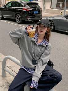 Casual 2 In 1 Lapel Plaid Patchwork Long Sleeve Sweatshirt