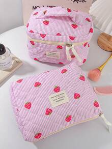 Strawberry Pattern Cosmetic Bag Large Capacity Make Up Bag Fashionable Strawberry Striped Makeup Bag Cute Quilted Floral Cosmetic Pouch Toiletry Bag - Multicolor - View 4