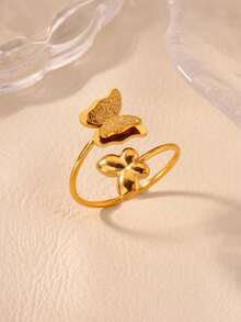 18K Gold Plated Stainless Steel Matte Butterfly Open Ring, Jewelry Gift For Wedding, Mother's Day, Birthday, Suitable For Mom/Best Friend - Shining Butterfly - View 4