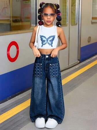 女童大胆可爱爱心印花可调节腰围阔腿宽松牛仔裤，适合所有季节