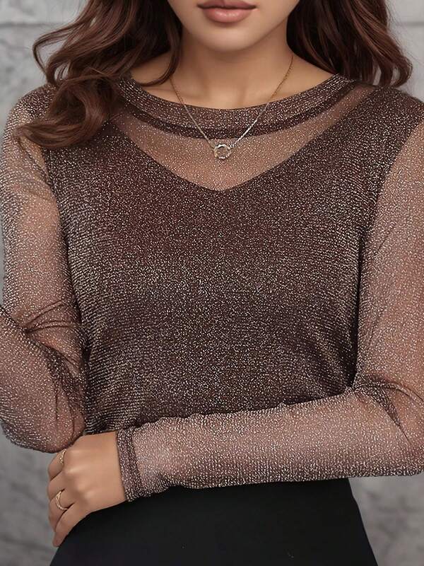 Elegant Shiny Long Sleeve Mesh T-Shirt For Women, Loose Fit, Versatile, Suitable For Commuting And Mothers, Autumn/Winter