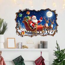 قطعة واحدة من ملصق الحائط الزخرفي لعيد الميلاد بصورة سانتا كلوز والرنة، ملصق بتأثير جدار مكسور، ملصق لاصق من البي في سي لديكور العطلات، منظر شتوي مذهل لمنظر الثلج، ديكور منزلي مناسب لغرفة المعيشة والنوم والمتجر