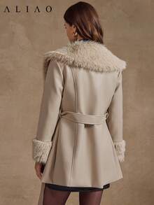 Áo khoác Aliao thắt eo, cổ lông giả, phối da, ấm áp, áo khoác mùa đông, trang phục mùa đông dành cho nữ, váy thanh lịch, cần thiết cho mùa cưới, phù hợp cho các bữa tối trang trọng, họp mặt gia đình, sự kiện tựu trường, phong cách cung đình. - Màu be - Xem 7