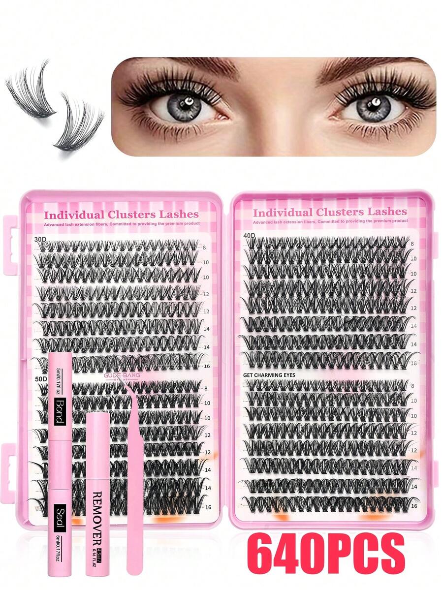 New 640pcs 30D+40D+50D Mixed Eyelash Extension Kit, DIY Eyelash Extension Set, Individual Lash Cluster, D Curl Eyelash Extension Kit, Includes Adhesive, Sealant And Eyelash Extension Tools, Suitable For Daily Use, Parties, Travel, Or As A Gift For Family And Friends - màu đen - Xem 1