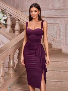CurvySweet Classic Elegant Fitted Midi Dress With Ruffle Hem, Boned Bodice, Suitable For Business, Social Events, Wedding Party Dress Spring - Burgundy - View 12
