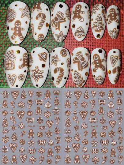 2PCS New Year And Christmas 3D Nail Stickers Cute Gingerbread Man Snowflakes Christmas Tree Candy Cane Heart Bow Shape Nail Art Decals Manicure Self-Adhesive Sliders Supplies For Nail Art