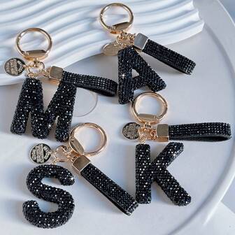 Elegant Letter Keychain With Artificial Rhinestones, Black Gold Color, Unisex Accessory Suitable For Birthday, Graduation, Anniversary, New Year Gifts Christmas Bag Charms Car Accessories Teacher Friend Sister Gift Ideas