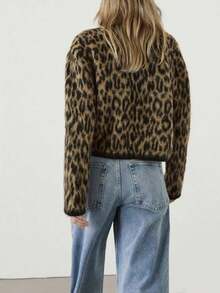 PLUS Suéter cardigan feminino casual e confortável com estampa de leopardo, manga comprida e abotoamento simples, outono e inverno, Y2K, adequado para uso diário, casa, escritório, festas, festivais, compras, Halloween, Natal, Ação de Graças, feriados, roupas femininas de outono/roupas de outono/roupas de inverno femininas/volta às aulas/toque como lã