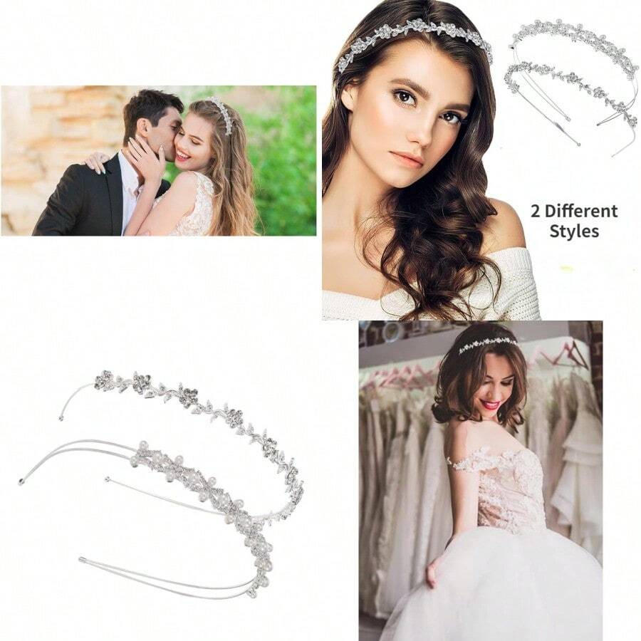 2 Pieces Rhinestone Bridal Crystal Women's Headband Wedding Flower Girl Pearl Diamond Slim Thin Silver Flower Leaves Crown Hair Band Accessories Headpiece Tiara For Bride Bridesmaids