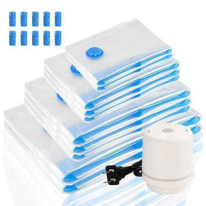 Bolsas de Vacío 10 Piezas con 1 Bomba Eléctrica, Bolsas de Almacenamiento al Vacío Reutilizables Ahorra Espacio, Gran Capacidad para Almacenar Ropa, Almohada, Edredón