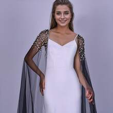 1 Pair Of Black Long Trailing Bridal Shawls With Pearl Decoration Covering The Arms And Flowing For Dinner Parties   US Stock Fast Shipping BMG42 - 黑色 - 查看 5