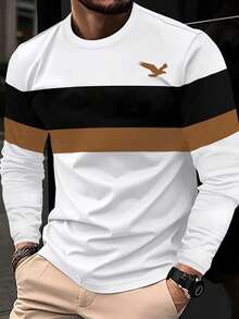 Jesienna nowość, kontrastowy kolor, okrągły dekolt, luźny T-shirt z długim rękawem dla mężczyzn, styl biznesowy, jesień