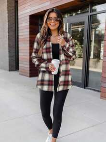 Fisoew Womens Casual Plaid Flannel Shirt Long Sleeve Button-Front Collared Christmas Gift & New Year Gift - 紅白色 - 查看 5