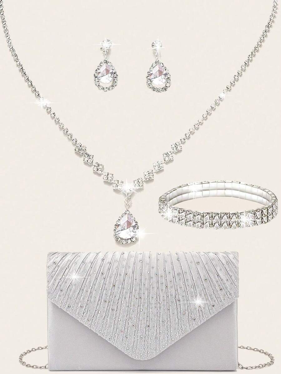 4pcs Set: Women's Rhinestone Evening Clutch, Rhinestone Clip-On Earrings, Bridal Wedding Necklace & Bracelet, Shiny Sequin Tassel Clutch, Envelope Style Evening Bag, Women's Shiny Rhinestone Shoulder Bag With Detachable Chain, Suitable For Weddings And Parties - Silver - View 1