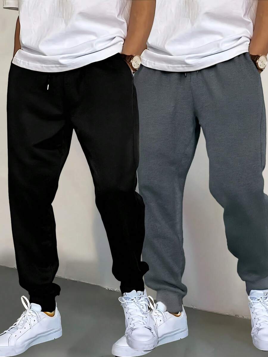 2 pièces Pantalon de sport extérieur pour hommes 3/4, pantalon de fitness minimaliste de couleur unie, taille élastique avec cordon de serrage, plusieurs couleurs disponibles, convient pour toutes les saisons, excellent cadeau pour le mari, le petit ami, les jeunes ou les amis passionnés de fitness - Gris foncé - Voir 1