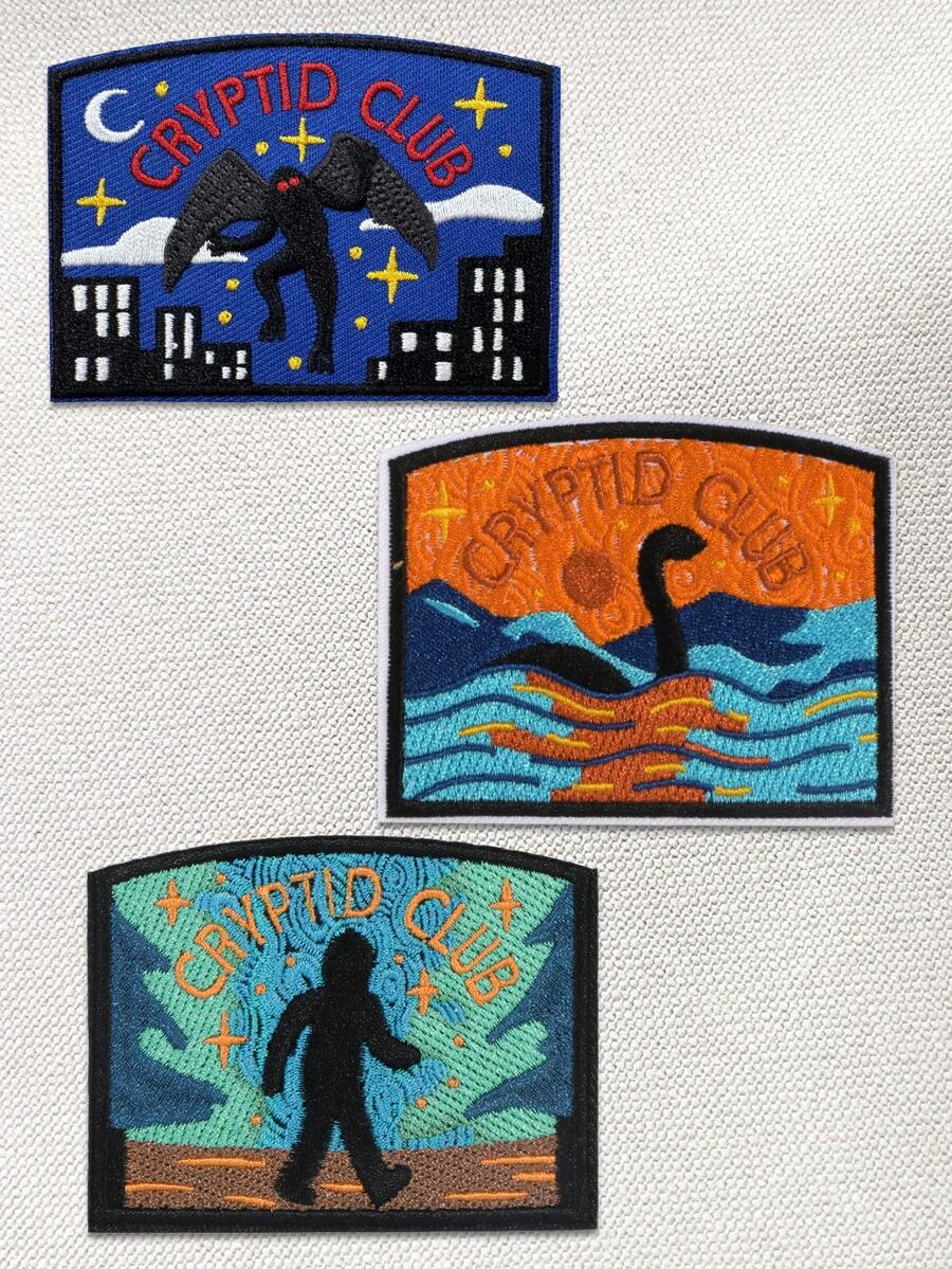 3pcs Mystery Animal Embroidered Patches, Mystery Animal Lover Patches, Bigfoot, Mothman, Loch Ness Monster Mystery Animal Patches, Iron-On/Sew-On, Suitable For Jackets, Bags, Hats - 彩色 - 查看 1
