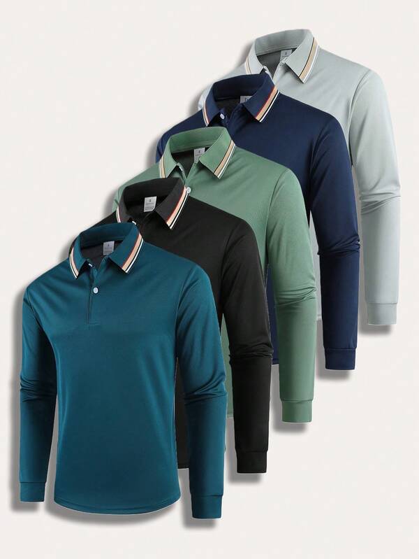 Men's Solid-Color Front-Button Long-Sleeve Polo Shirt With Minimalist Collar Casual Everyday Wear, Suitable For Work Settings Ideal For Husbands To Wear During Fall And Winter Seasons Top Gift Picks For Husbands/Boyfriends This Fall And Winter