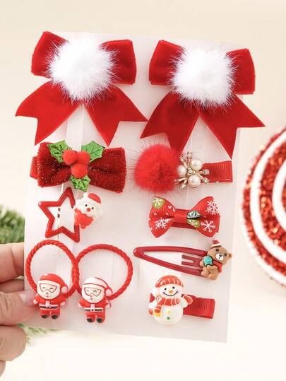 10pcs/Set Girls' Red Christmas Bow Hair Clips & Scrunchies Set, Cute Cartoon Duck Clip, Side Bangs Hairpins, Star Hair Clips, Women's Christmas Party Hair Accessories, Gifts For Women, Ponytail Holders
