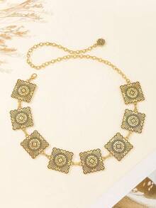 1pc Women's Gold Striped Square Waist Chain, Fashion Versatile Accessory To Pair With Dresses, Pants, Blazers, Suitable For Daily, Evening, Wedding, Bohemian Style Zinc Alloy