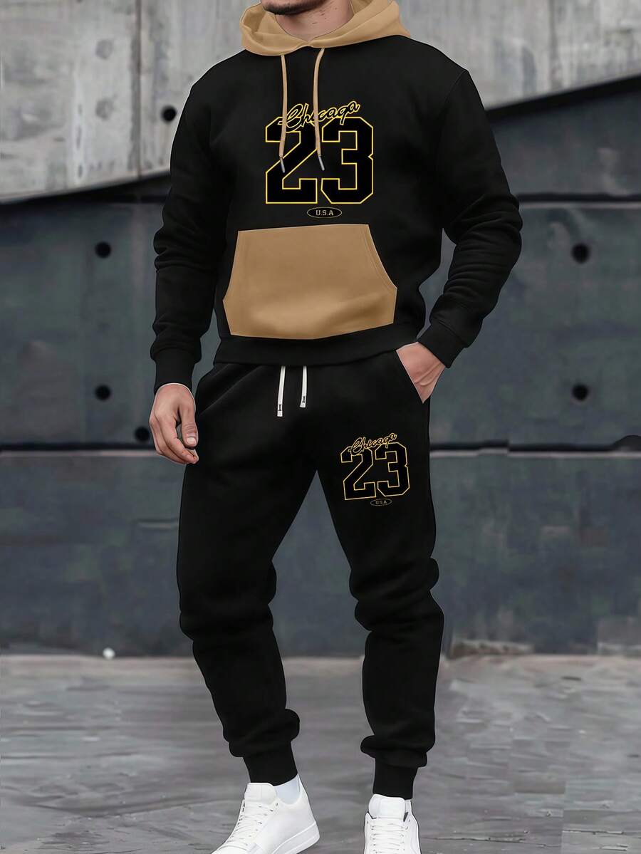 Bộ đồ nam nhẹ, in hình Chicago 23 cá nhân hóa, phối màu tương phản, áo hoodie và quần dài, thời trang thể thao thường ngày, có dây rút ở eo, thích hợp làm quà tặng cho chồng hoặc bạn trai. - Nhiều màu - Xem 1