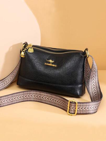 حقيبة كتف وحقيبة عبر الجسم بتصميم بسيط للنساء، مزينة بالذهب على الجسم، مع إكسسوارات معدنية، مزودة بحزام واسع مطبوع، عملية وأنيقة، مغلقة بسحاب، قابلة للتعديل، مناسبة للخروجات والسفر والتسوق والتنقل وأغراض الهدايا وأكثر