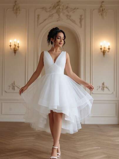 YUMIBRAVO Ballet Style Women Wedding Dresses Bride Asymmetrical Dress White Dress, Elegant Ball Gown Dress, High Low Prom Dress, Backless Wedding Dresses For Bride, Wedding Dress Bride>White, Halloween Costume Women,Wedding Dress White Elegant Bridal Dresses For Wedding Party